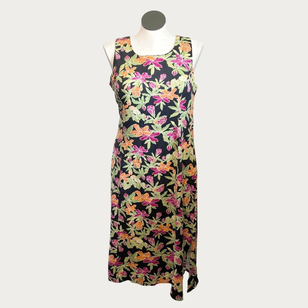 Norm Thompson Tropical Midi Dress L Silk Floral Sleeveless Scoop Neck Resortwear